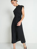Mock Neck Drop Shoulder Midi Dress – Drapey Knit – Jet Black