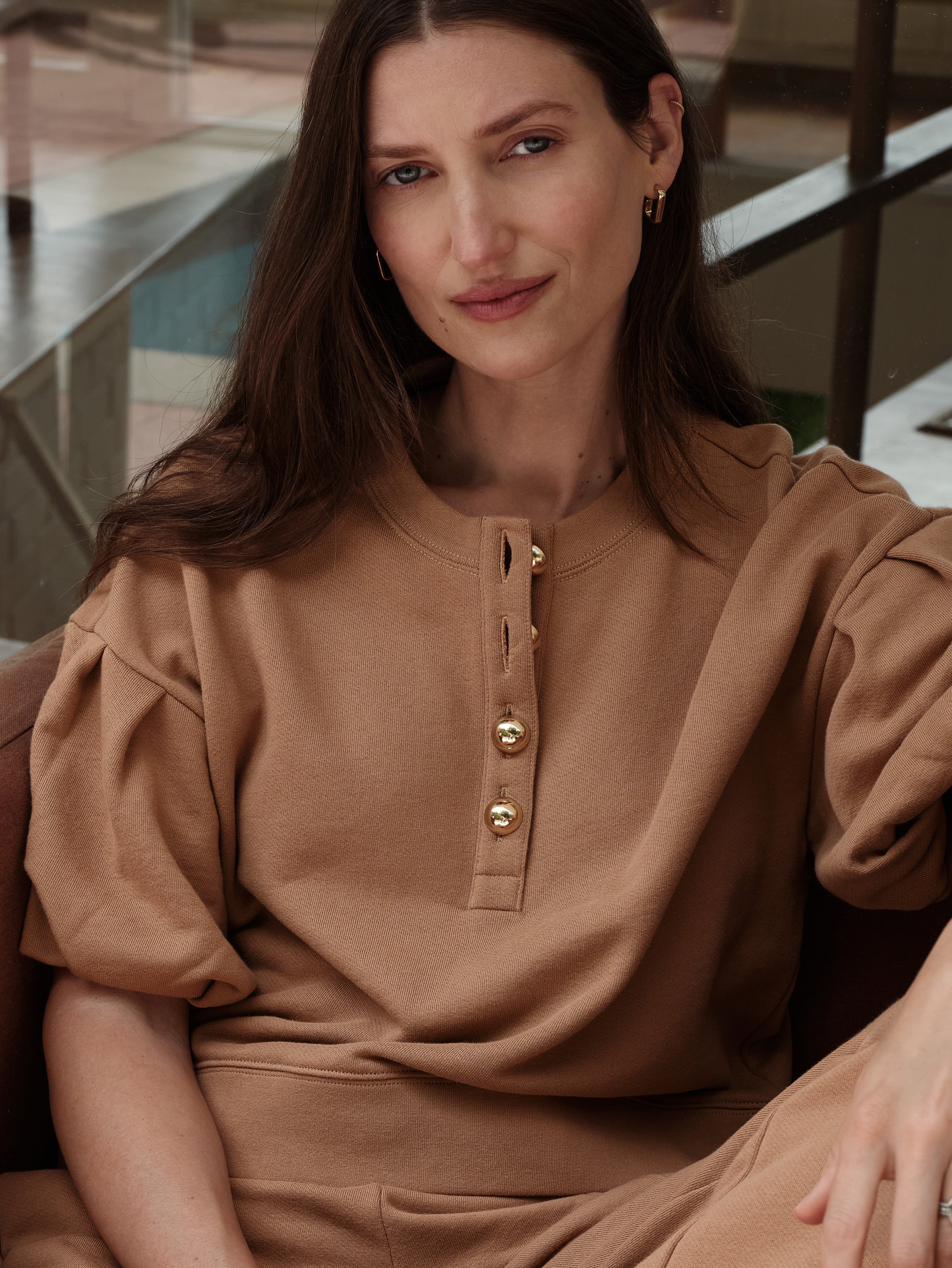Puff Sleeve Button French Terry Sweatshirt - Palo Santo