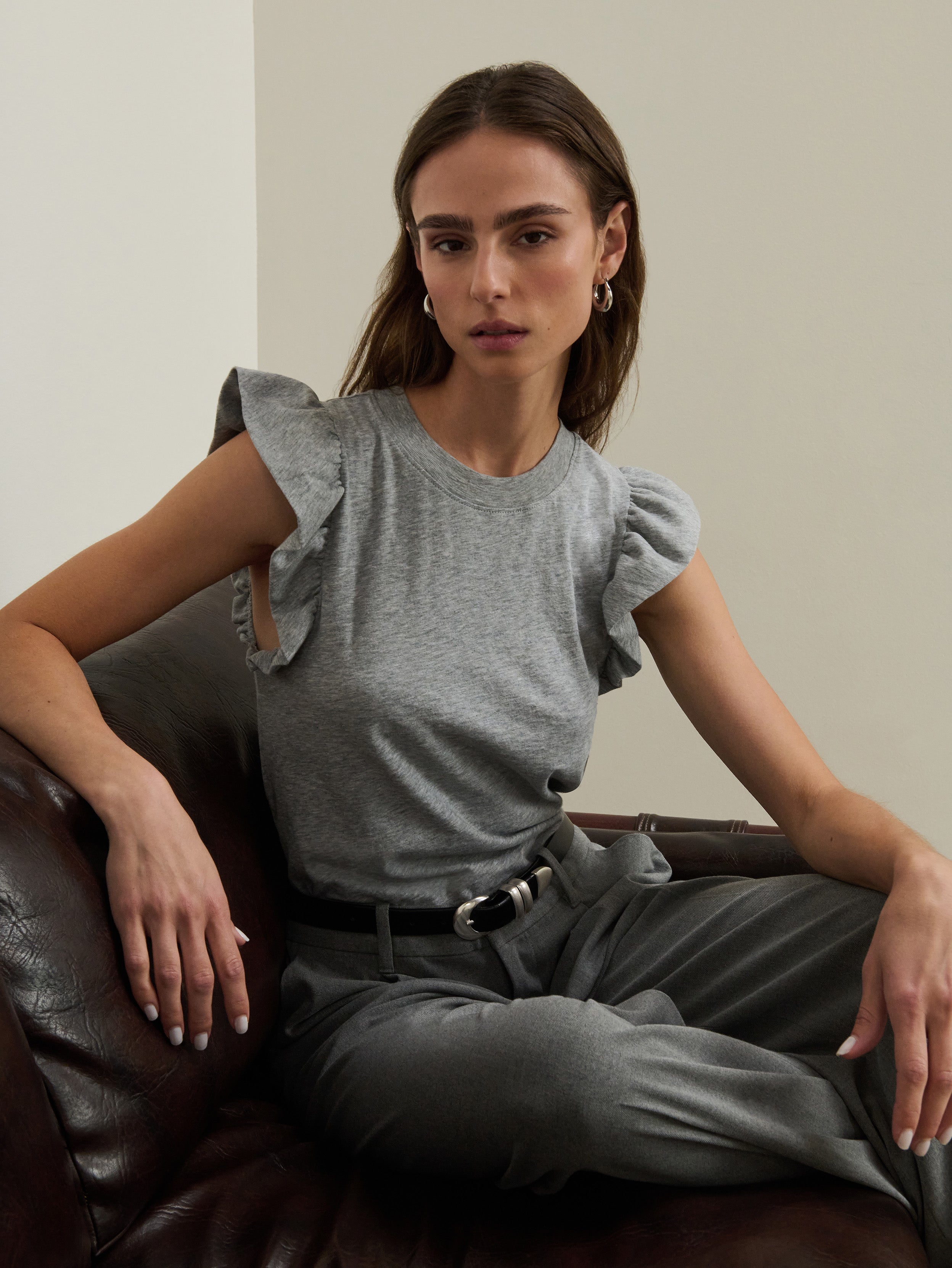 Fused Ruffle Waist-Defining Tank - Heather Grey