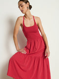 Smocked Bodice Tiered Midi Dress - Heartbeat Red