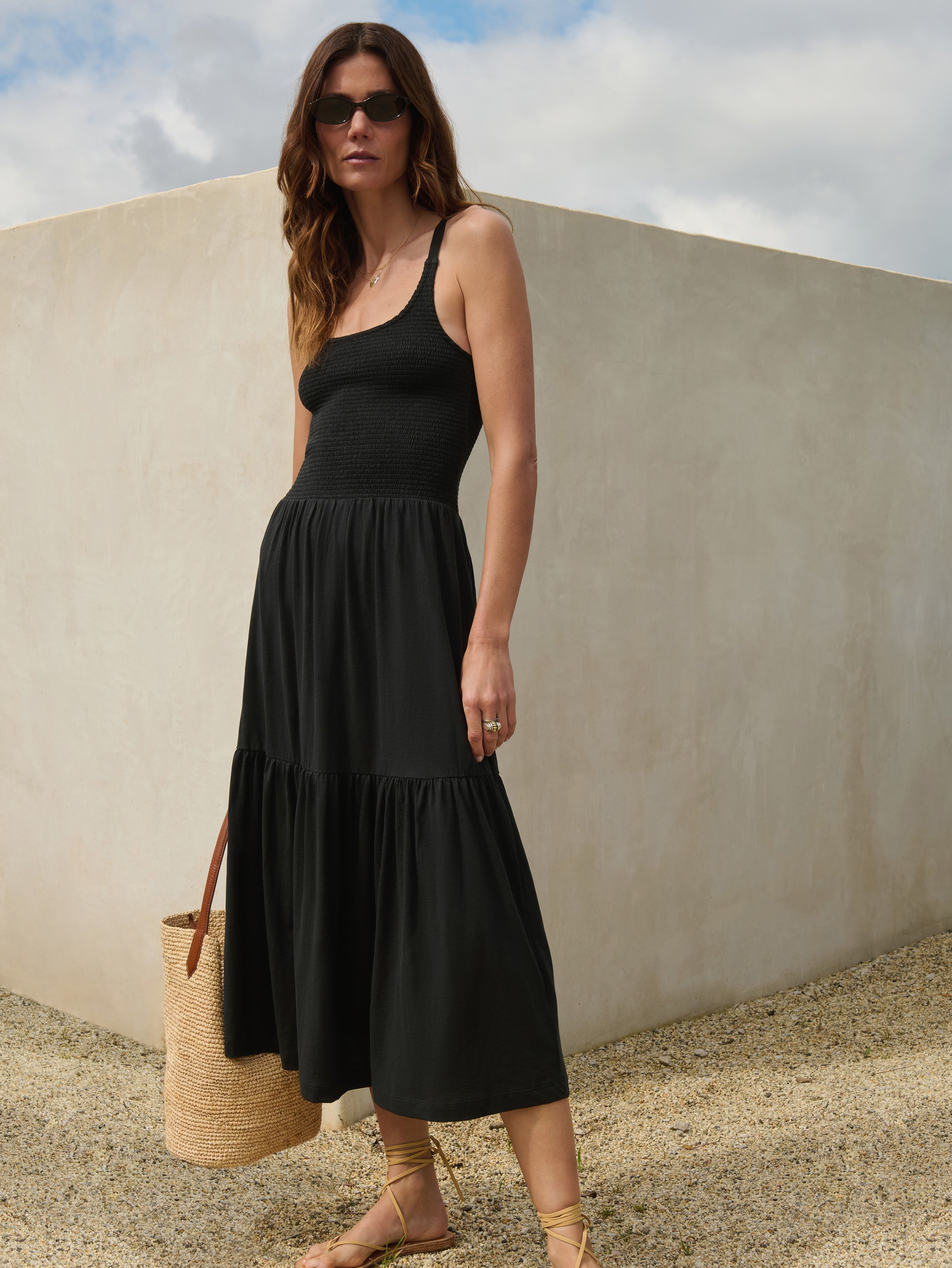 Smocked Bodice Tiered Midi Dress - Jet Black