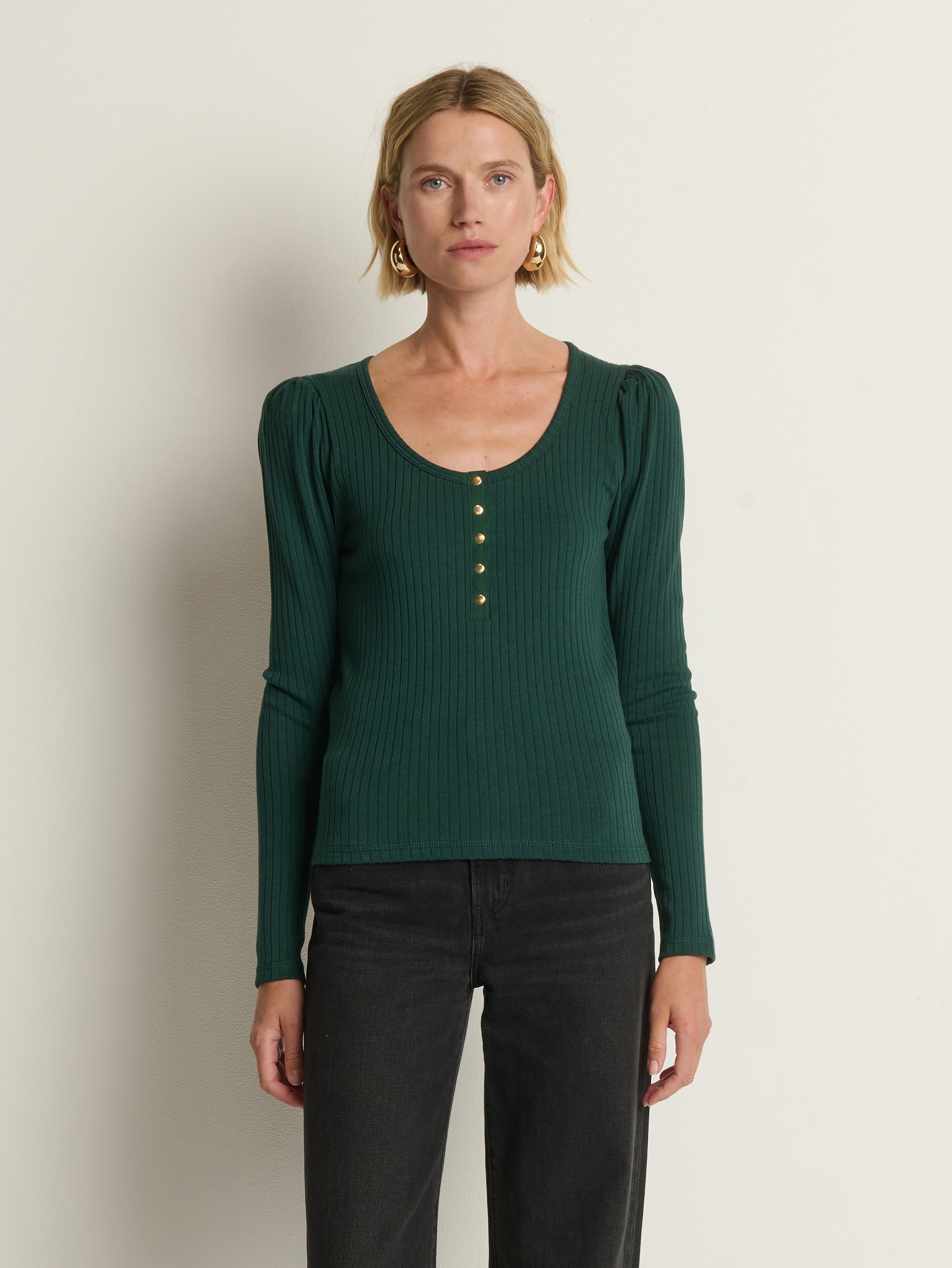 Puff Sleeve Snap Front Ribbed Henley – Pine