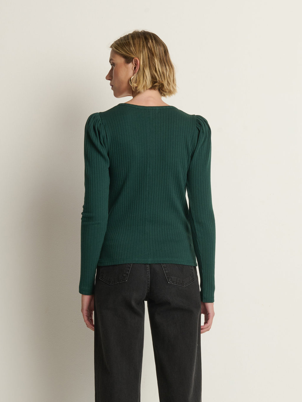 Puff Sleeve Snap Front Ribbed Henley – Pine