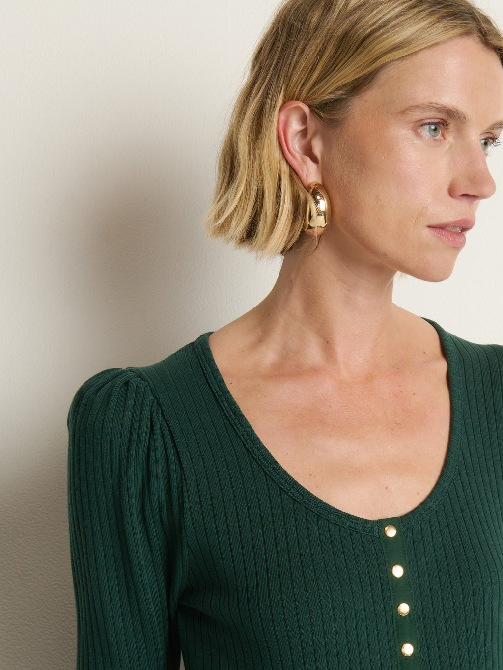 Puff Sleeve Snap Front Ribbed Henley – Pine