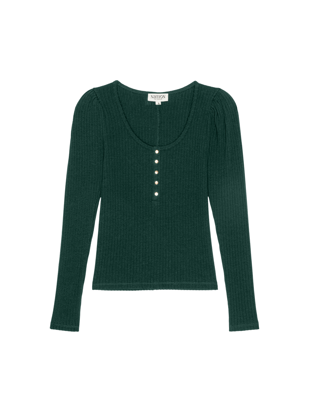 Puff Sleeve Snap Front Ribbed Henley – Pine