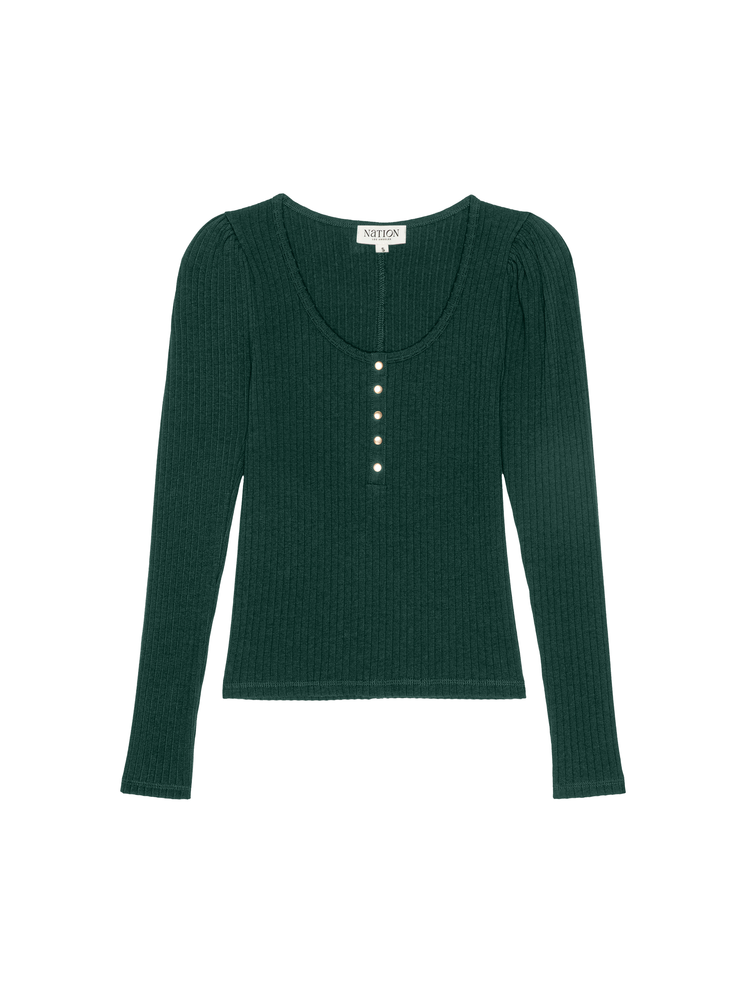 Puff Sleeve Snap Front Ribbed Henley – Pine