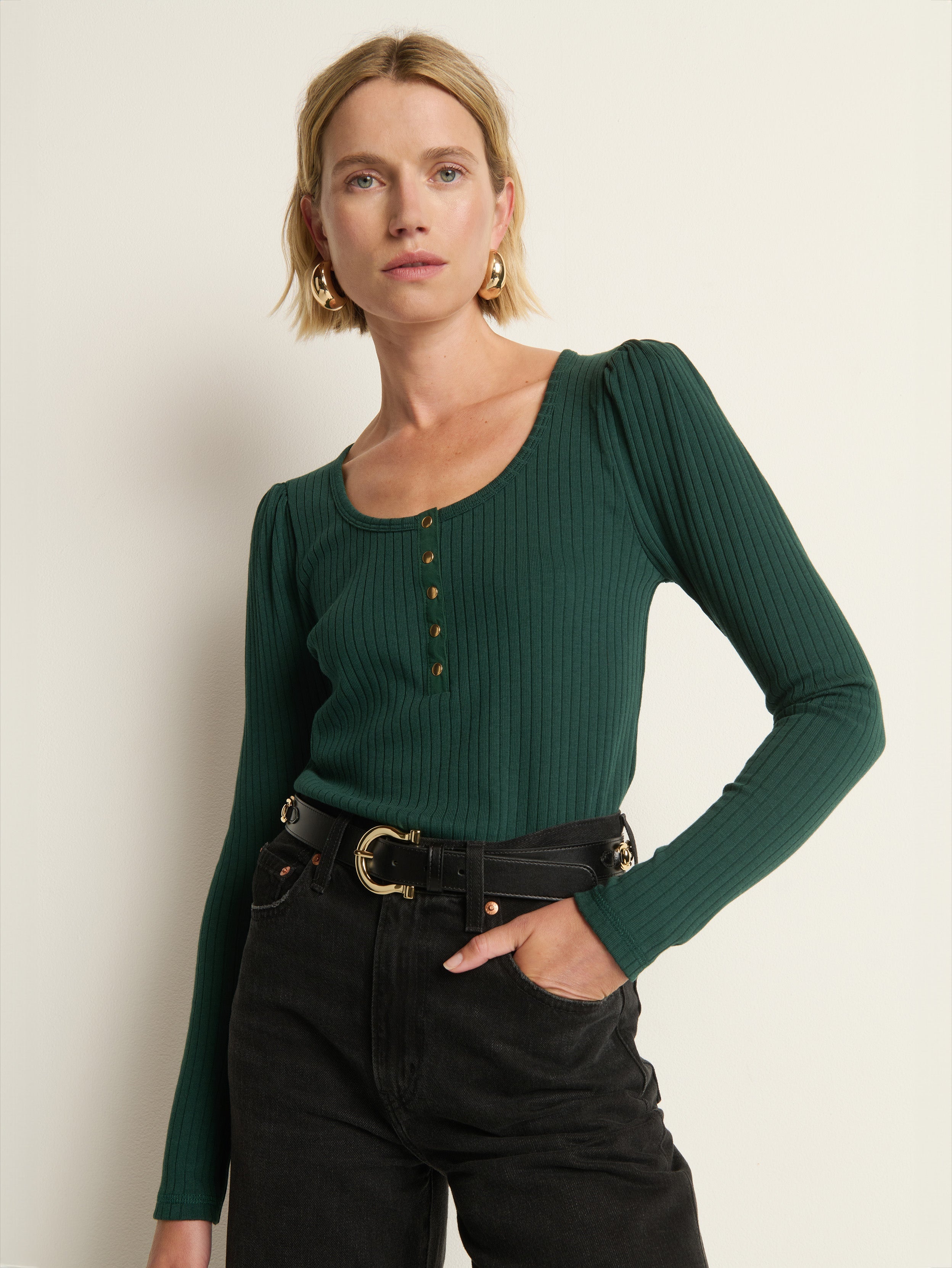 Puff Sleeve Snap Front Ribbed Henley – Pine