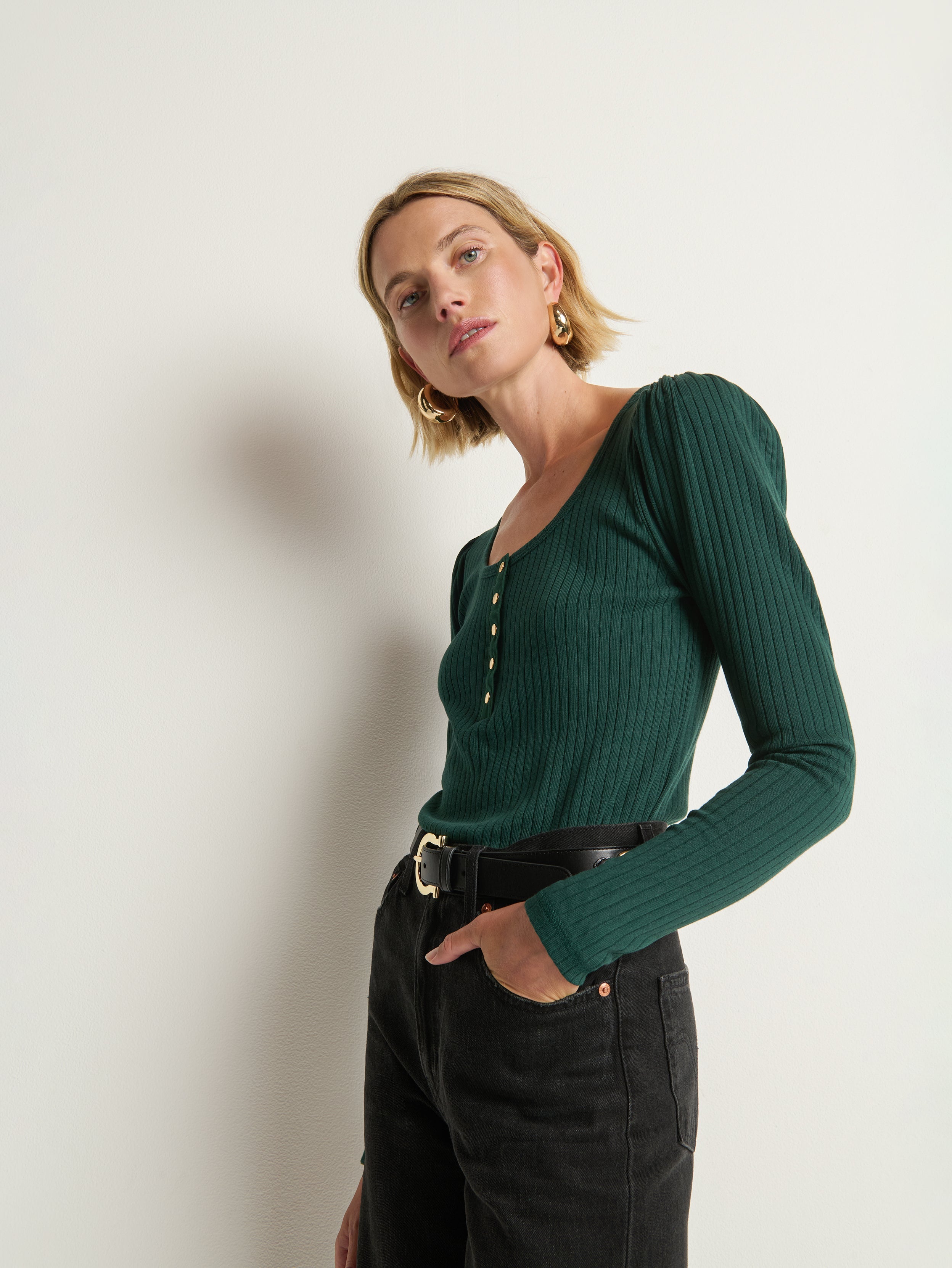 Puff Sleeve Snap Front Ribbed Henley – Pine