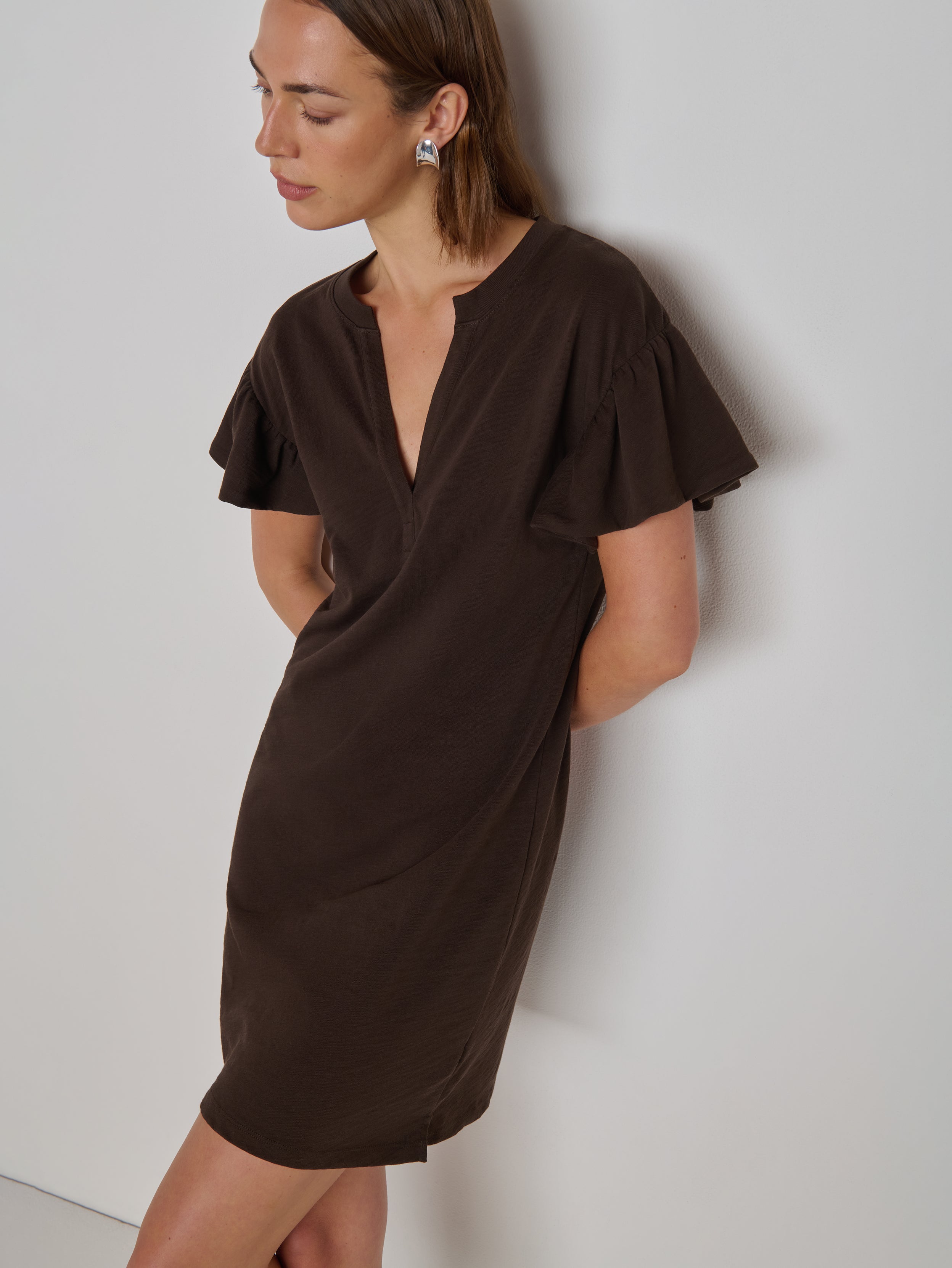 V-Neck Flutter Sleeve Mini Dress - Cocoa