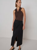 Shirred Midi Skirt with Side Slit - Jet Black
