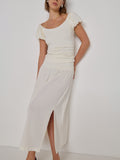 Shirred Midi Skirt with Side Slit - Porcelain