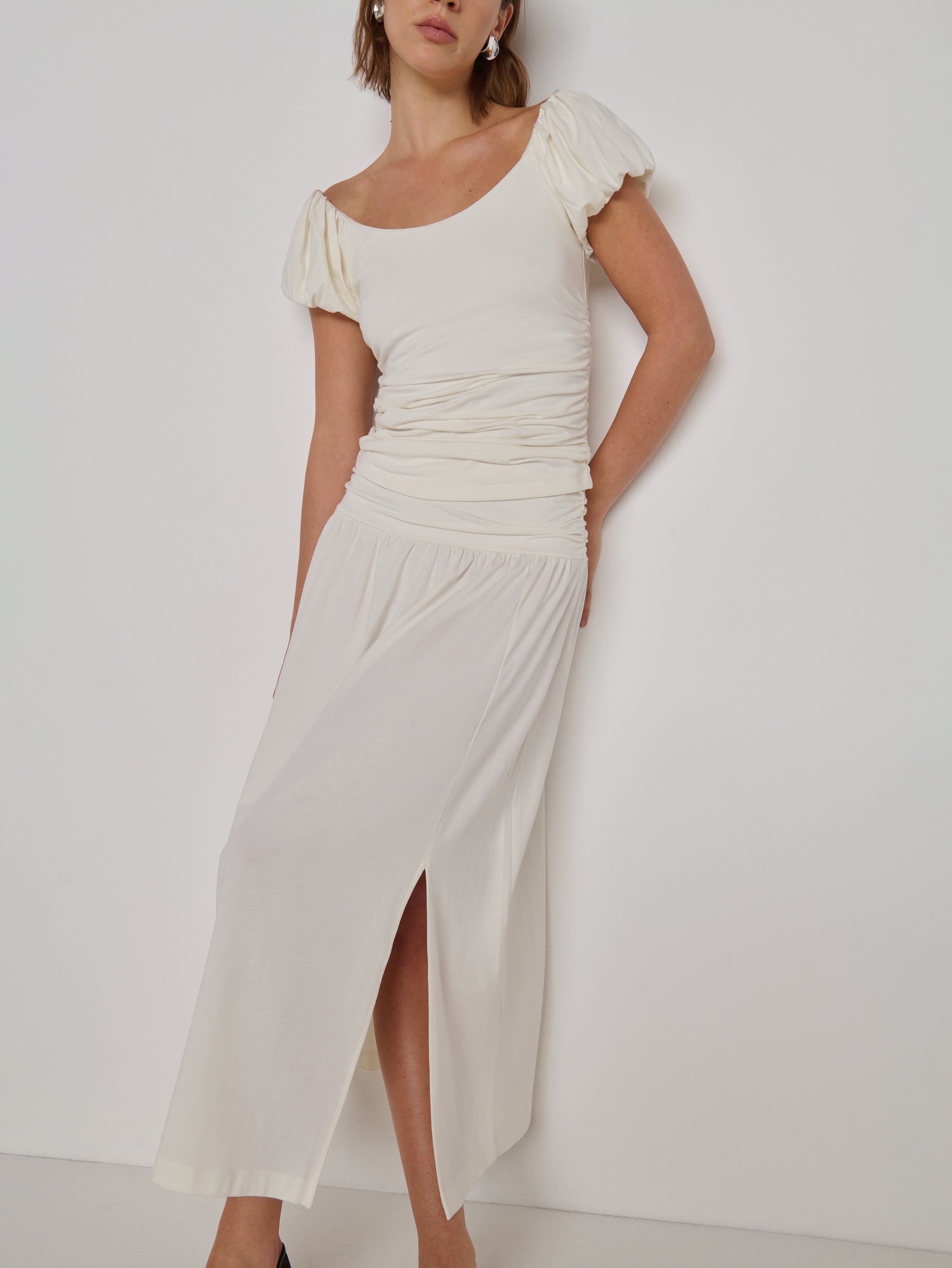 Shirred Midi Skirt with Side Slit - Porcelain