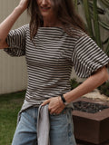 Boat Neck Balloon Sleeve Pima Cotton Top - Vintage Yarn Dye Stripe