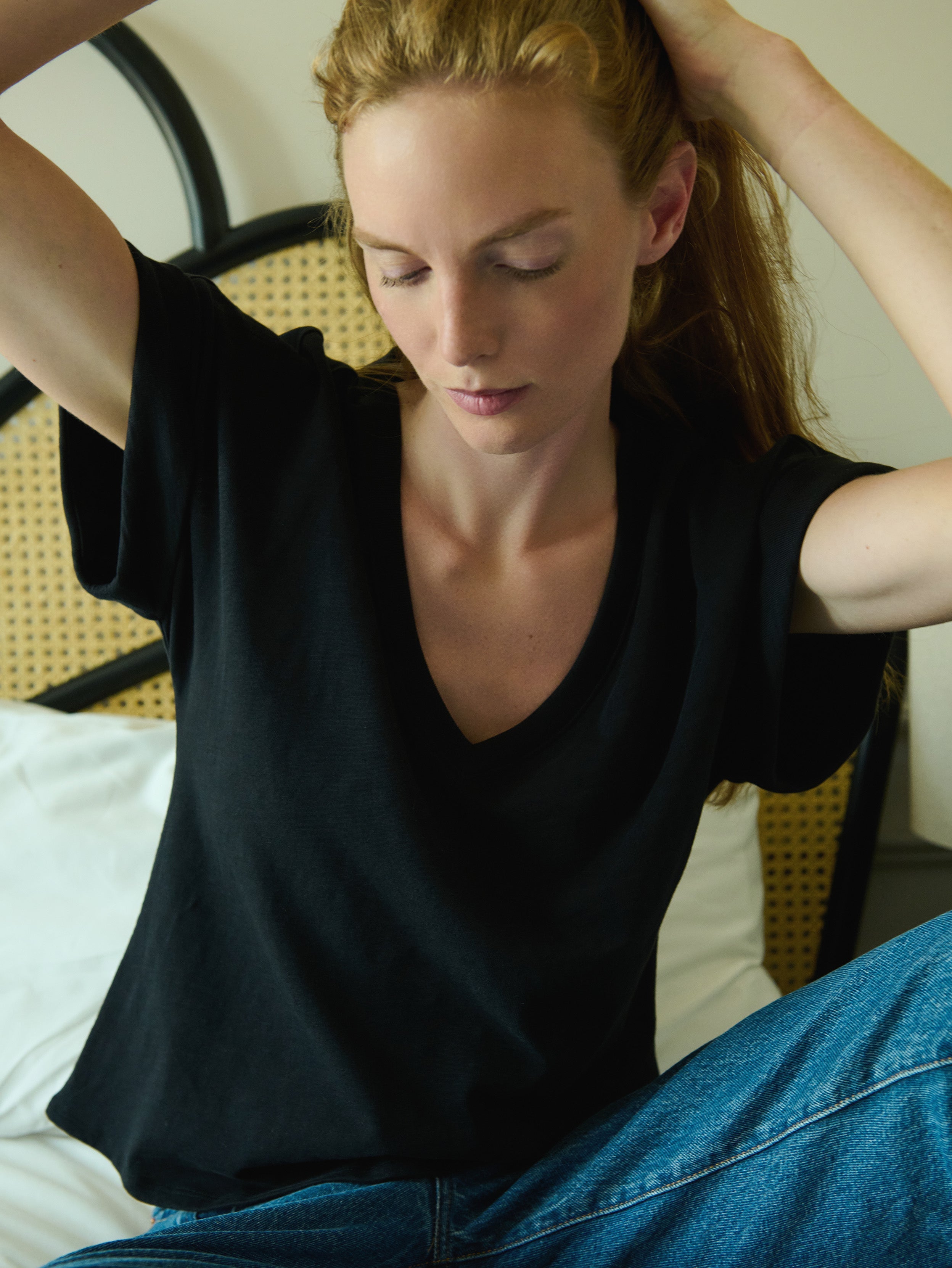 Boxy V-Neck Rolled Sleeve Cotton Tee – Jet Black