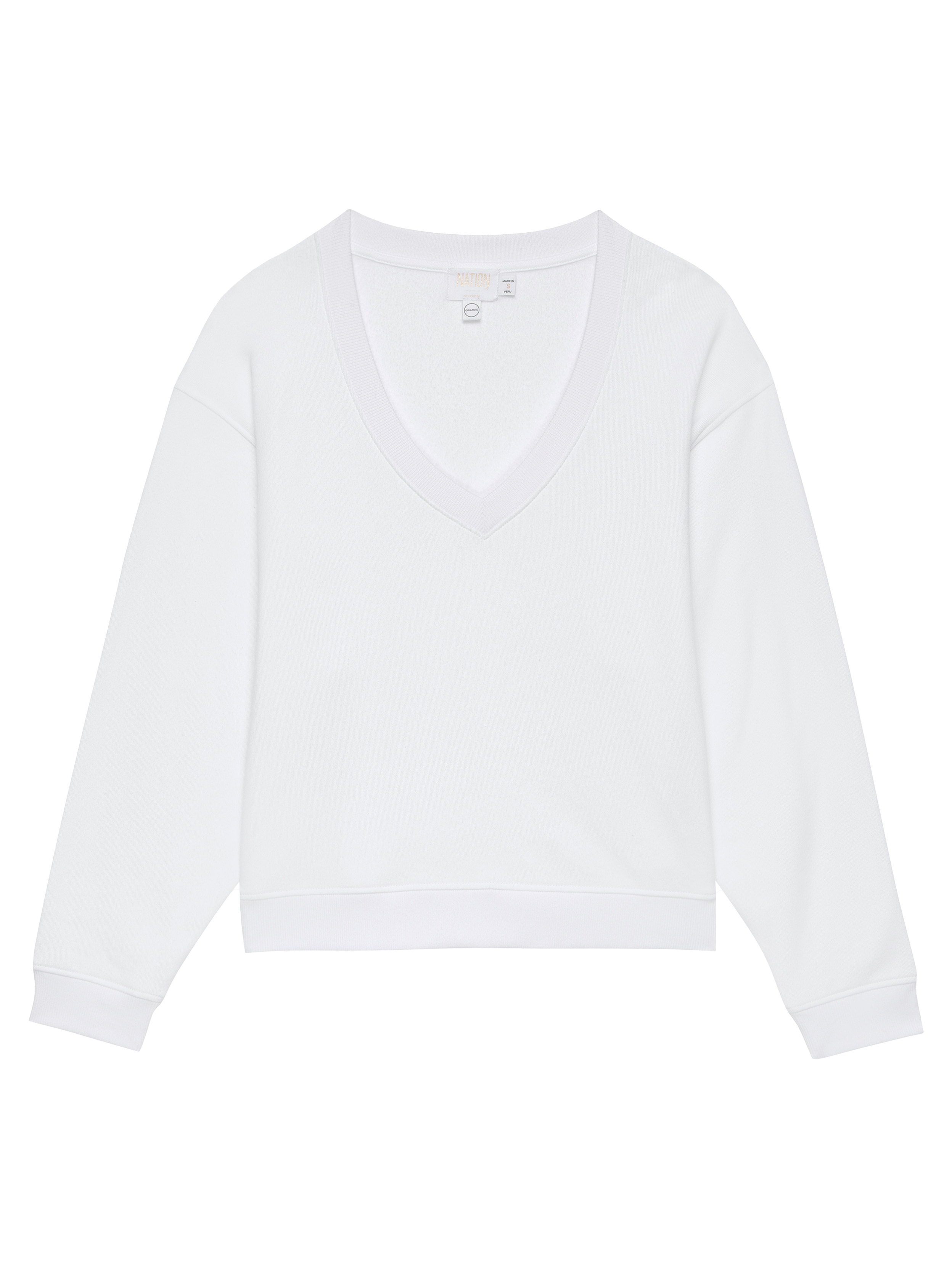 Varsity V-Neck Off-Shoulder Sweatshirt – White