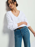 Varsity V-Neck Off-Shoulder Sweatshirt – White