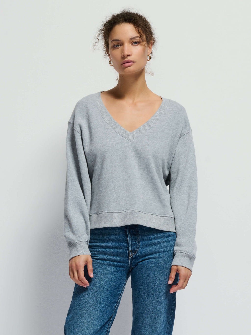 Varsity V-Neck Off-Shoulder Sweatshirt – Heather Grey