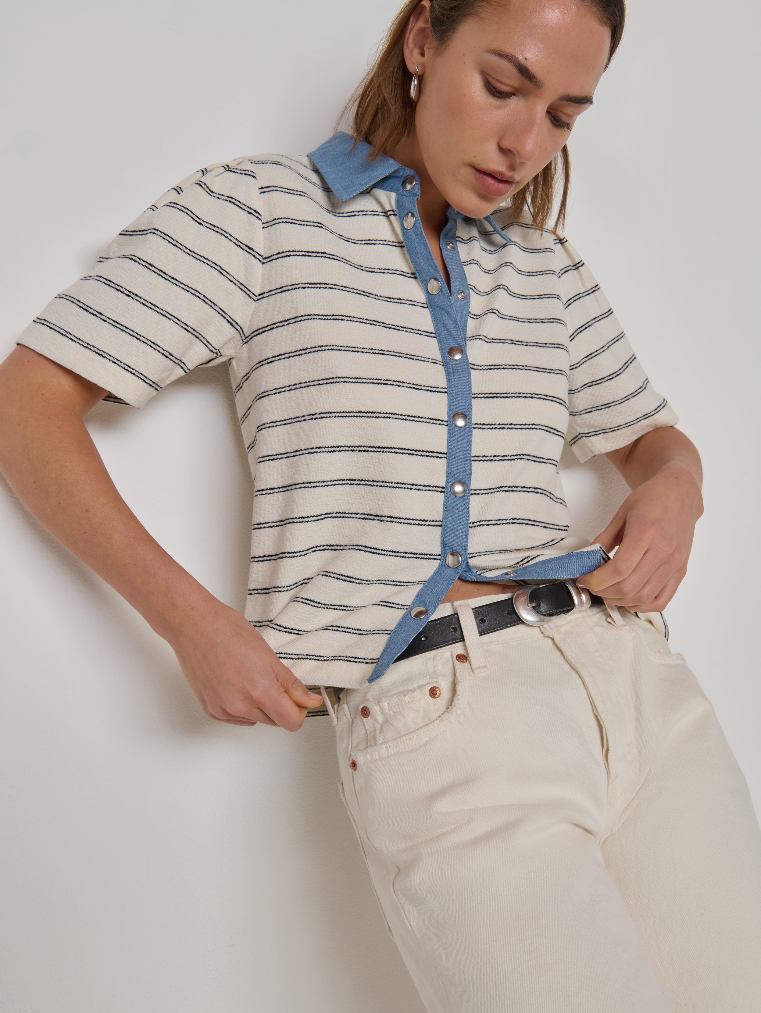 Boxy Puff Sleeve Snap-Front Blouse - Tuscany Stripe